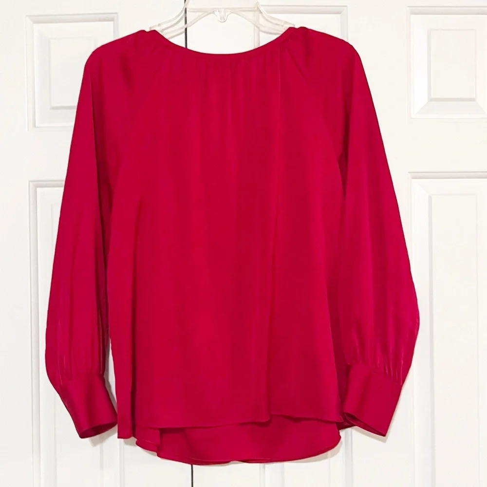 Talbots 100% Silk Vibrant V-Neck Red Blouse with ruched collar long sleeves. 10 - Picture 6 of 14